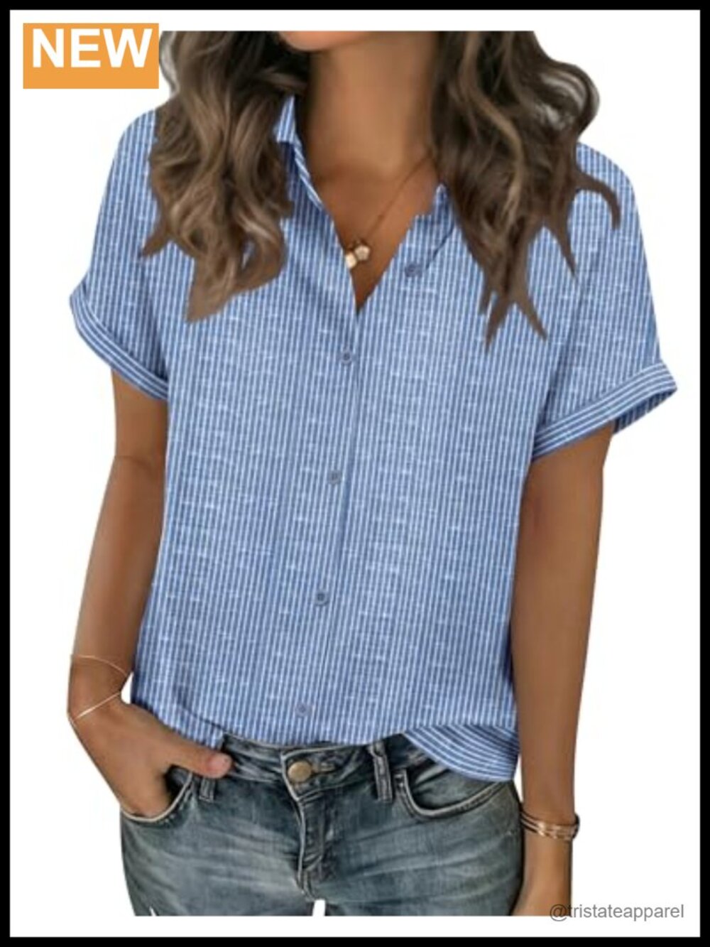 Women's Short Sleeve Button Down Striped Blouse V-Neck Loose Fit Work Top